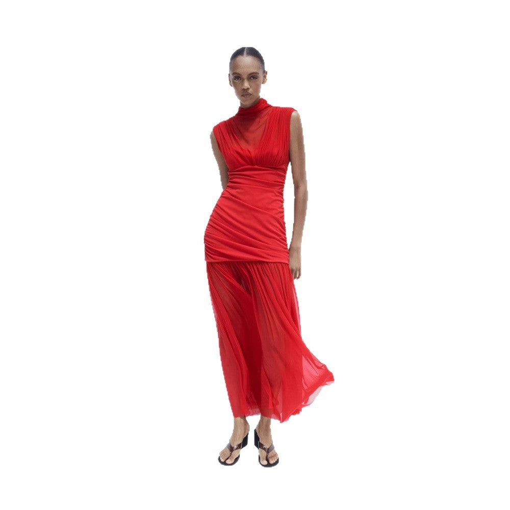 Half Turtleneck Mesh Stitching Long Dress