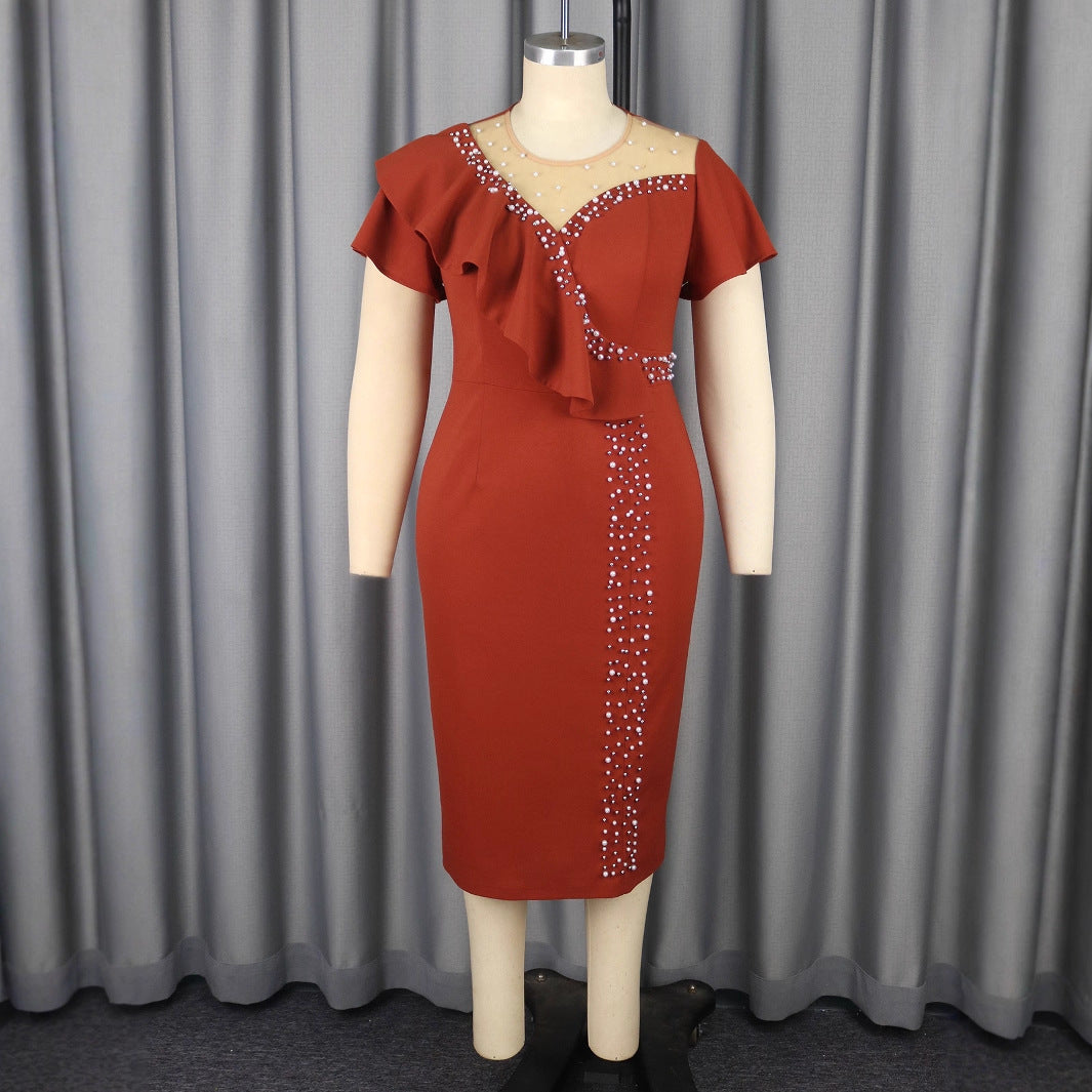 Women's Fashion Round Neck Bead Ruffled Dress