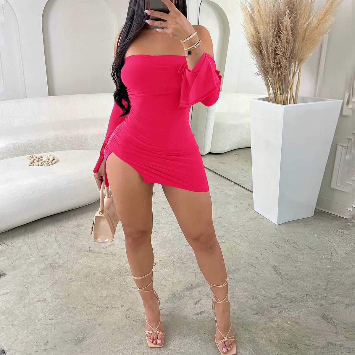 Sexy Off-the-shoulder Fashion Wrapped Chest Split Hip Hot Girl Dress