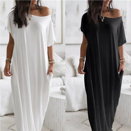 Women's Solid Color Short Sleeve And Long Pattern Casual Dress