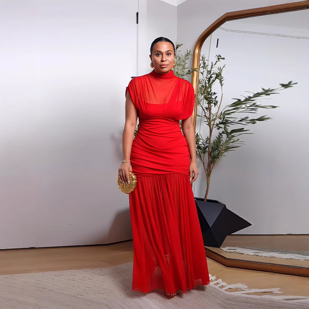 Half Turtleneck Mesh Stitching Long Dress