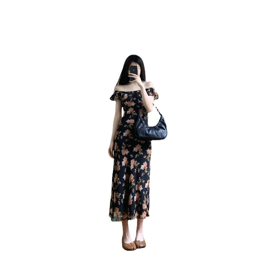 French Romantic Off-shoulder Black Shivering Dress