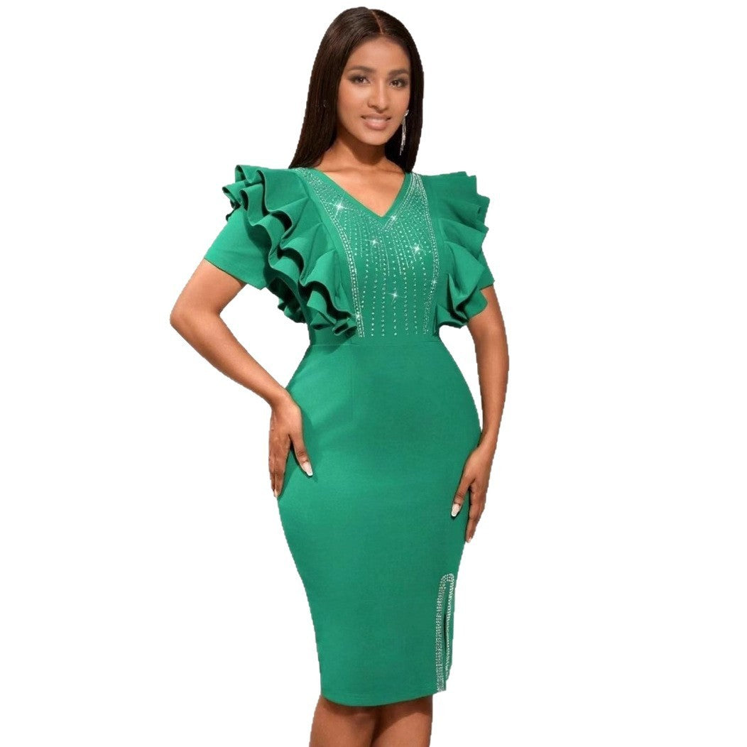Fashion Ruffles Beaded Slit Banquet Evening Dress