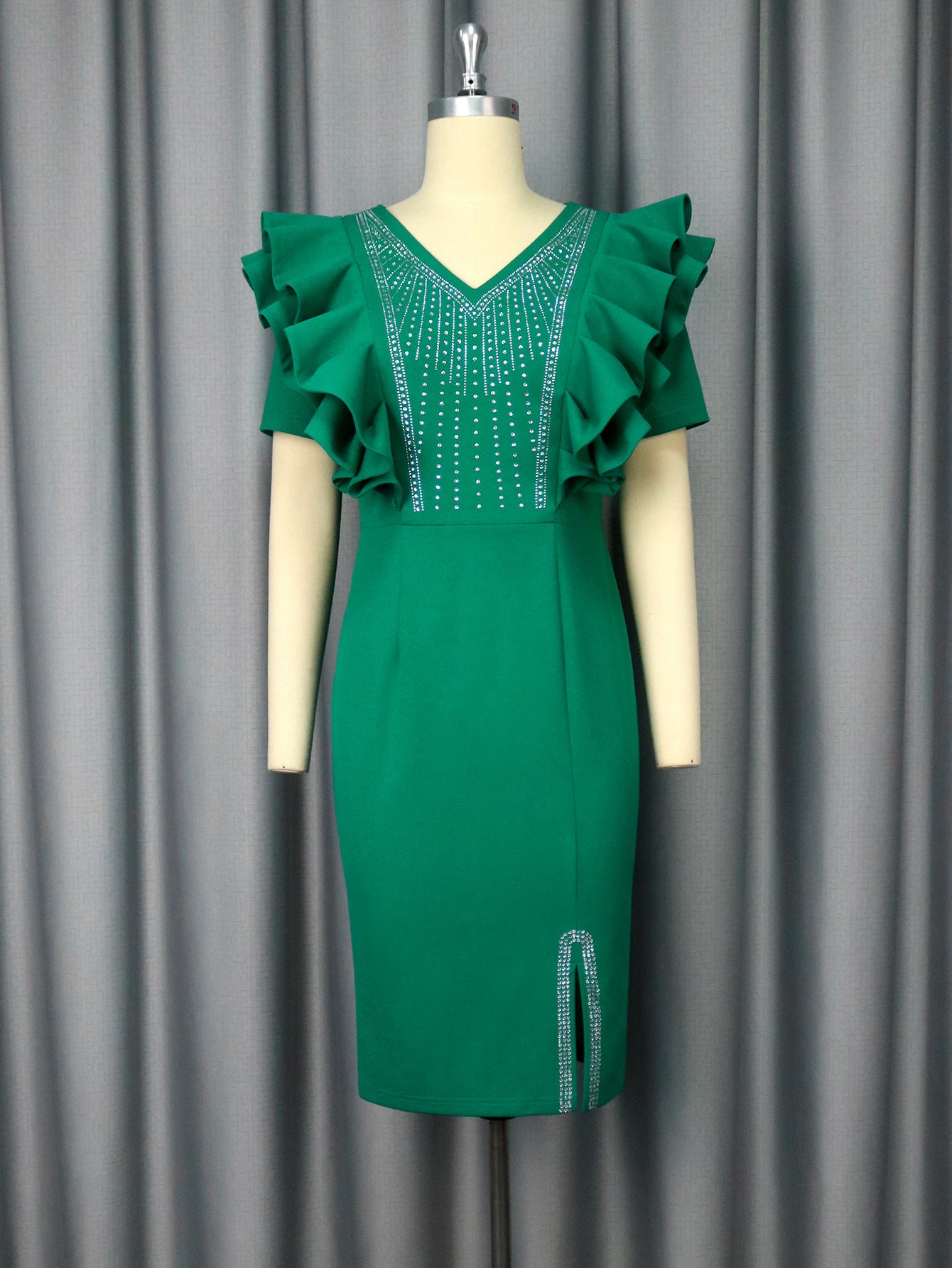 Fashion Ruffles Beaded Slit Banquet Evening Dress