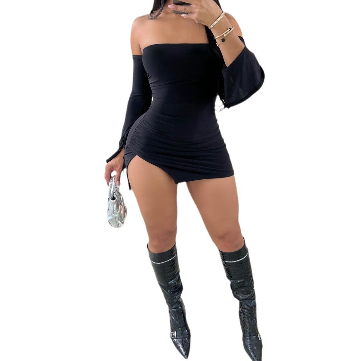 Sexy Off-the-shoulder Fashion Wrapped Chest Split Hip Hot Girl Dress
