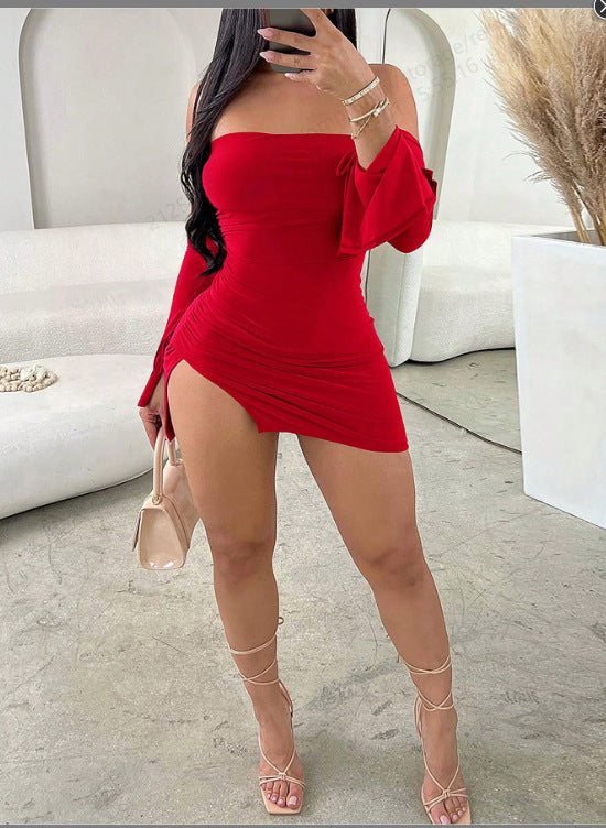 Sexy Off-the-shoulder Fashion Wrapped Chest Split Hip Hot Girl Dress