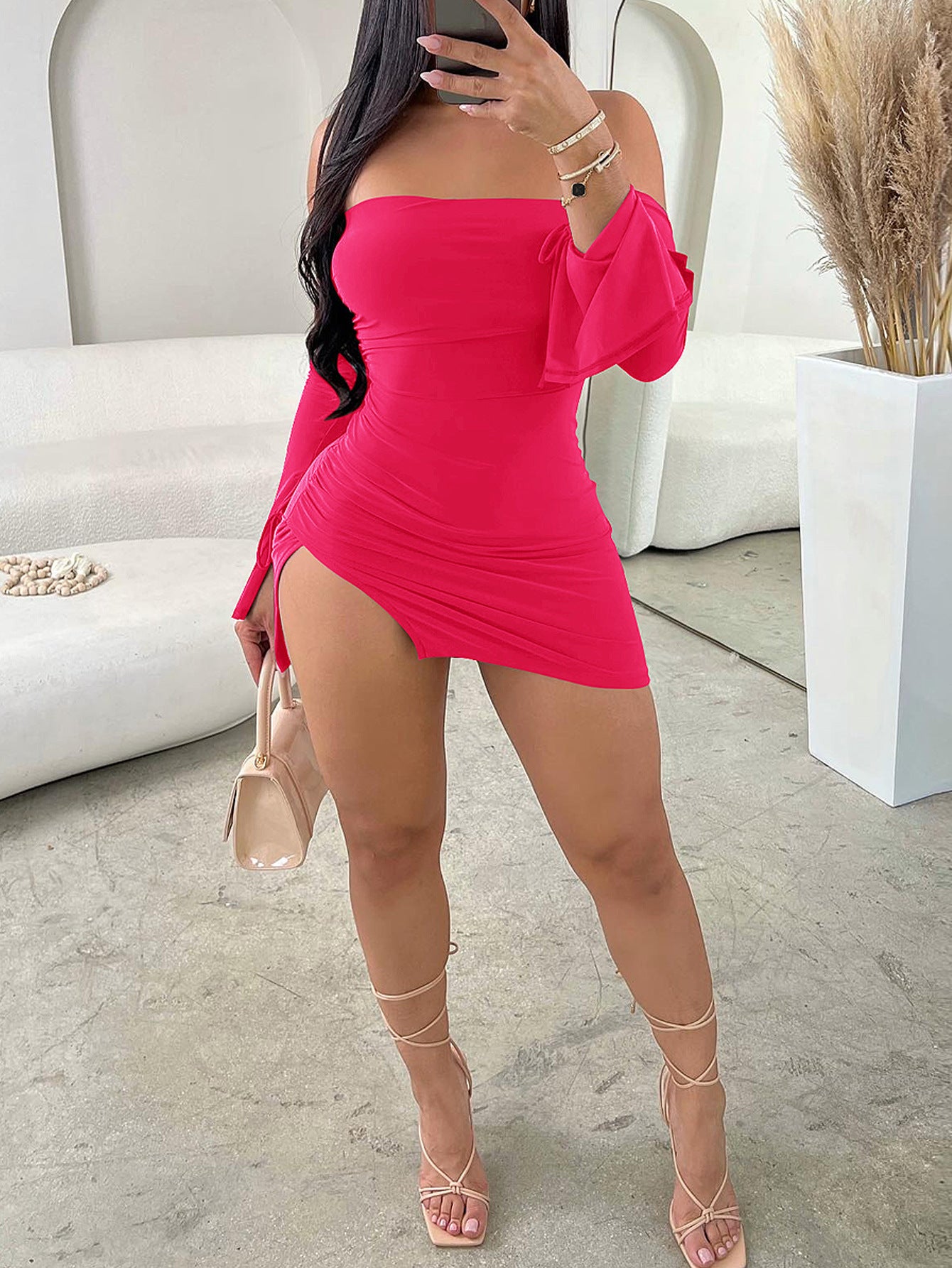 Sexy Off-the-shoulder Fashion Wrapped Chest Split Hip Hot Girl Dress