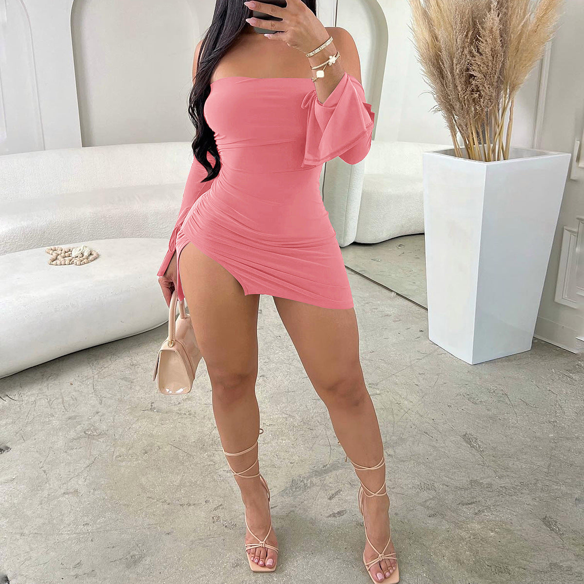 Sexy Off-the-shoulder Fashion Wrapped Chest Split Hip Hot Girl Dress